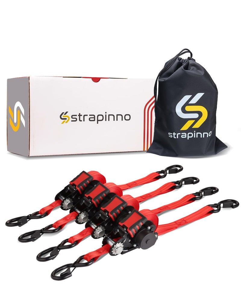 Strapinno أشرطة سقاطة قابلة للسحب من Strapinno - 1 بوصة × 12 قدم، ربطات عنق متينة بقوة 1800 رطل، قوة كسر كل خطاف S مع مشبك أمان، سحب تلقائي لتحريك قوارب الكاياك والبضائع للدراجات النارية (4 قطع) - Image 1